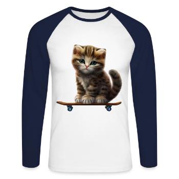 Chaton skateboard - T-shirt baseball manches longues Homme - blanc/marine - Devant - Nik (191cm)
