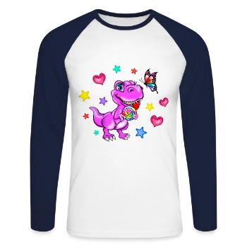 Dinosaure rose - Dinosaur Girl - T-shirt baseball manches longues Homme - blanc/marine - Devant - Nik (191cm)