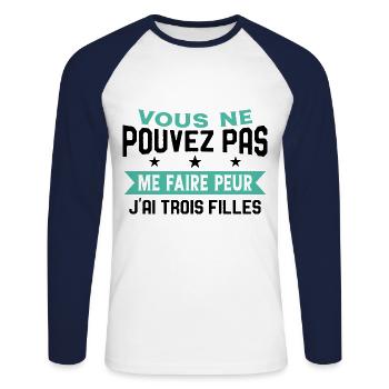 Drôle Papa J'Ai Trois Filles Meilleur Papa Cadeau - T-shirt baseball manches longues Homme - blanc/marine - Devant - Nik (191cm)