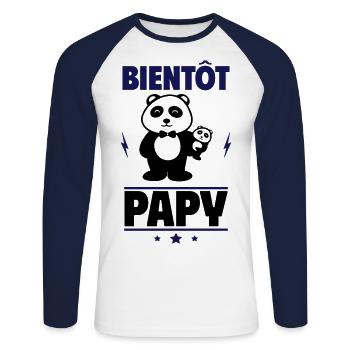 Bientôt Papy – Panda humoristique pour futurs papy - T-shirt baseball manches longues Homme - blanc/marine - Devant - Nik (191cm)
