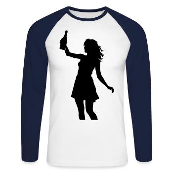 Silhouette de fêtarde célébrant la consommation d’alcool - T-shirt baseball manches longues Homme - blanc/marine - Devant - Nik (191cm)
