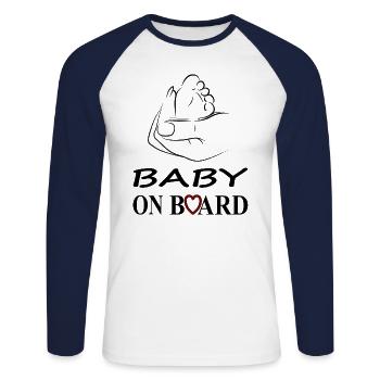 baby on board Baby Pieds Bébé Ventre mère Cadeau - T-shirt baseball manches longues Homme - blanc/marine - Devant - Nik (191cm)