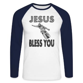 Jesus bless you Chris Christian God Gift - Unisex Long Sleeve Baseball T-Shirt - white/navy - Front - Nik (191cm)