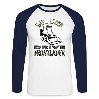 Manger, dormir, conduire un véhicule de chantier à chargement frontal - T-shirt baseball manches longues Homme - blanc/marine - Devant - Nik (191cm)