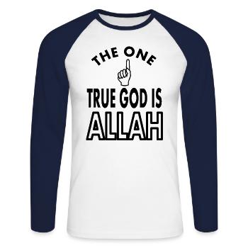 Dieu n’est que religion Dieu est tout-puissant - T-shirt baseball manches longues Homme - blanc/marine - Devant - Nik (191cm)