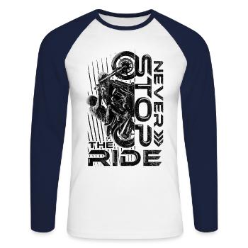Never Stop The Ride - The Call of the Motorcycle - Unisex Long Sleeve Baseball T-Shirt - white/navy - Front - Nik (191cm)