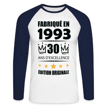 Vintage 1993 30Ans Anniversaire Cadeau Homme Femme - T-shirt baseball manches longues Homme - blanc/marine - Devant - Nik (191cm)