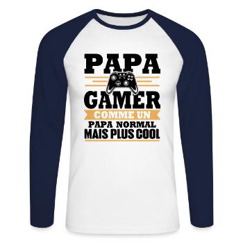 Papa gamer comme un papa normal - T-shirt baseball manches longues Homme - blanc/marine - Devant - Nik (191cm)