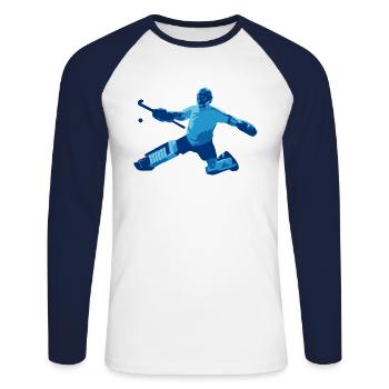 Feldhockey-Torwart Blau - Unisex Baseballshirt langarm - Weiß/Navy - Vorne - Nik (191cm)