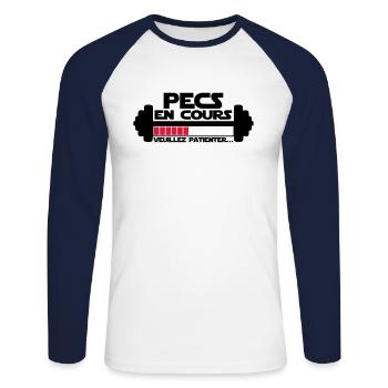 pecs en cours,citations,message,muscu - T-shirt baseball manches longues Homme - blanc/marine - Devant - Nik (191cm)