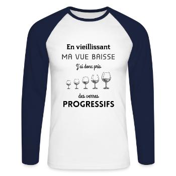 En vieillissant vin vue humour - T-shirt baseball manches longues Homme - blanc/marine - Devant - Nik (191cm)
