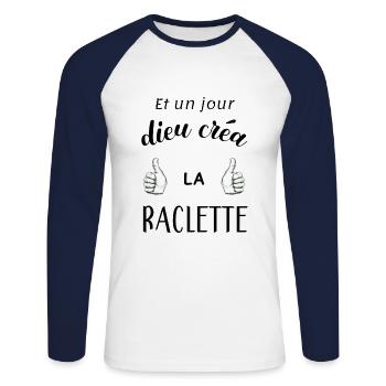 Raclette humour - T-shirt baseball manches longues Homme - blanc/marine - Devant - Nik (191cm)