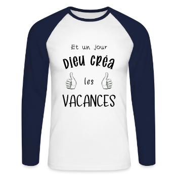 Vacances humour - T-shirt baseball manches longues Homme - blanc/marine - Devant - Nik (191cm)