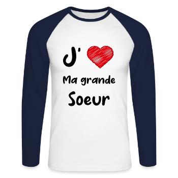 J aime ma grande soeur - T-shirt baseball manches longues Homme - blanc/marine - Devant - Nik (191cm)