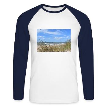 Am Strand - Foto - Unisex Baseballshirt langarm - Weiß/Navy - Vorne - Nik (191cm)