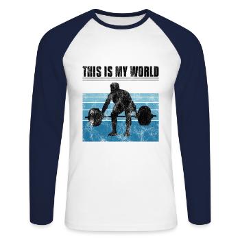 Bodybuilding this is my world Bodybuilder retro - Unisex Baseballshirt langarm - Weiß/Navy - Vorne - Nik (191cm)