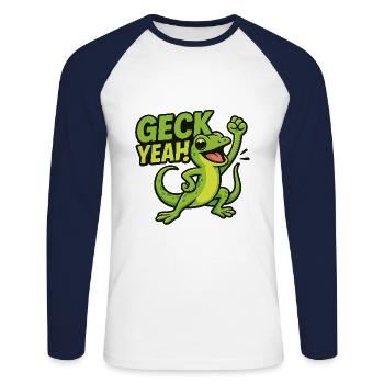 Geck Yeah Gecko Shirt - Unisex Baseballshirt langarm - Weiß/Navy - Vorne - Nik (191cm)