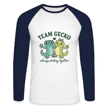 Gecko Shirt - team gecko always sticky together - Unisex Long Sleeve Baseball T-Shirt - white/navy - Front - Nik (191cm)