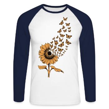La fleur se transforme en papillons - T-shirt baseball manches longues Homme - blanc/marine - Devant - Nik (191cm)