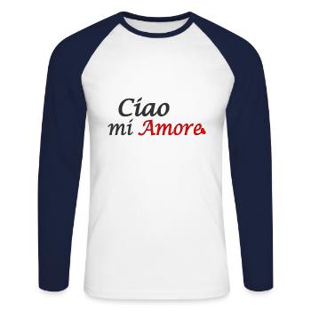 ciao mi amore; Hallo mein Liebling; Schatz; Liebe - Unisex Baseballshirt langarm - Weiß/Navy - Vorne - Nik (191cm)