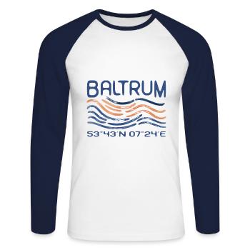 Baltrum GPS Koordinaten Nordsee Insel Meer - Unisex Baseballshirt langarm - Weiß/Navy - Vorne - Nik (191cm)