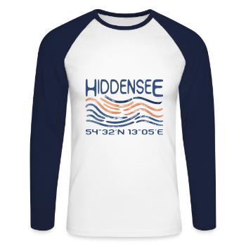 Hiddensee GPS Koordinaten Ostsee Insel und Meer - Unisex Baseballshirt langarm - Weiß/Navy - Vorne - Nik (191cm)