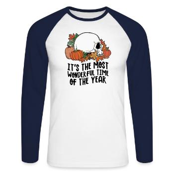 Herbst It's The Most Wonderful Time of The Year - Unisex Baseballshirt langarm - Weiß/Navy - Vorne - Nik (191cm)