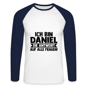 Prénom Daniel - T-shirt baseball manches longues Homme - blanc/marine - Devant - Nik (191cm)