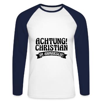 Vorname Chris Christian - Unisex Baseballshirt langarm - Weiß/Navy - Vorne - Nik (191cm)