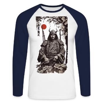 Retro Samurai Klassischer Shogun Kunststil - Unisex Baseballshirt langarm - Weiß/Navy - Vorne - Nik (191cm)
