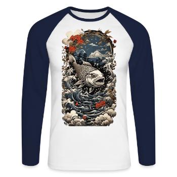 Vintage Fish Japan Tattoo Art et Angler Design - T-shirt baseball manches longues Homme - blanc/marine - Devant - Nik (191cm)