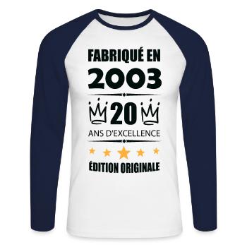 Vintage 2003 20Ans Anniversaire Cadeau Homme Femme - T-shirt baseball manches longues Homme - blanc/marine - Devant - Nik (191cm)