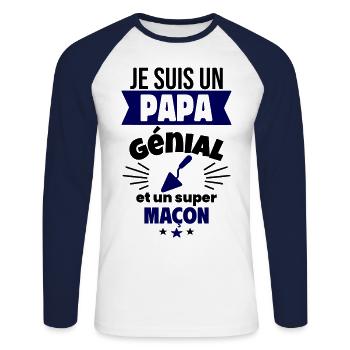 Papa génial & maçon – idée fête des pères - T-shirt baseball manches longues Homme - blanc/marine - Devant - Nik (191cm)
