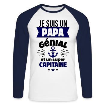 Papa génial & capitaine – idée fête des pères - T-shirt baseball manches longues Homme - blanc/marine - Devant - Nik (191cm)