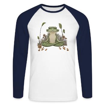 COTTAGECORE MEDITATING ZEN YOGA FROG - Unisex Long Sleeve Baseball T-Shirt - white/navy - Front - Nik (191cm)