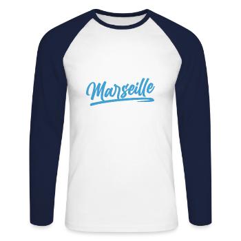 Marseille - T-shirt baseball manches longues Homme - blanc/marine - Devant - Nik (191cm)
