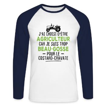 J'ai choisi d'être agriculteur beau-gosse - T-shirt baseball manches longues Homme - blanc/marine - Devant - Nik (191cm)