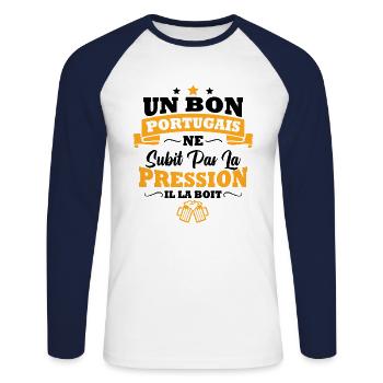 Homme Portugais boit la pression bière apéro - T-shirt baseball manches longues Homme - blanc/marine - Devant - Nik (191cm)