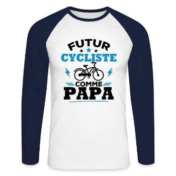 Futur cycliste comme papa - T-shirt baseball manches longues Homme - blanc/marine - Devant - Nik (191cm)