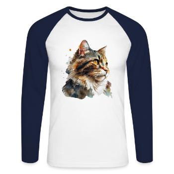 Portrait à l’aquarelle d’un chat roux moelleux - T-shirt baseball manches longues Homme - blanc/marine - Devant - Nik (191cm)