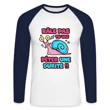 Râle pas tu vas péter une durite humour sticker - T-shirt baseball manches longues Homme - blanc/marine - Devant - Nik (191cm)