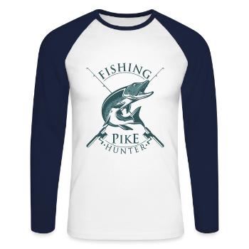Brochet Pêcher Pike Hunter Fishing - T-shirt baseball manches longues Homme - blanc/marine - Devant - Nik (191cm)