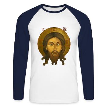 Jesus Christ Icon - The Mandilion Christ - Unisex Long Sleeve Baseball T-Shirt - white/navy - Front - Nik (191cm)