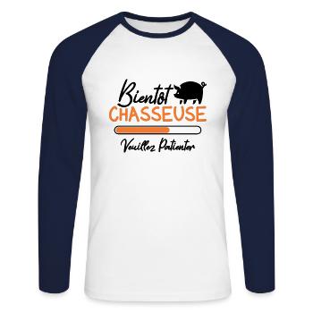 Bientôt Chasseuse veuillez patienter - T-shirt baseball manches longues Homme - blanc/marine - Devant - Nik (191cm)