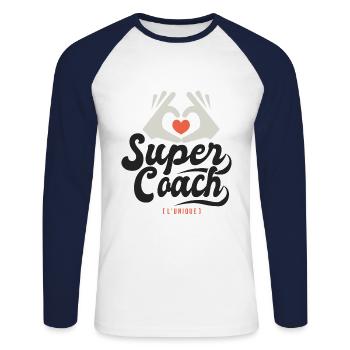 Super coach l unique cadeau coach entraineur - T-shirt baseball manches longues Homme - blanc/marine - Devant - Nik (191cm)