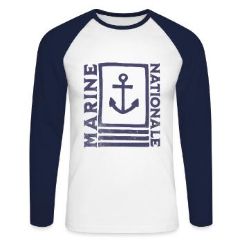 Französisches Marineblau im Vintage-Stil - Unisex Baseballshirt langarm - Weiß/Navy - Vorne - Nik (191cm)