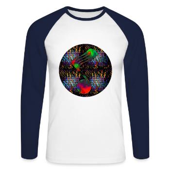 Note de musique - « ONE » - T-shirt baseball manches longues Homme - blanc/marine - Devant - Nik (191cm)