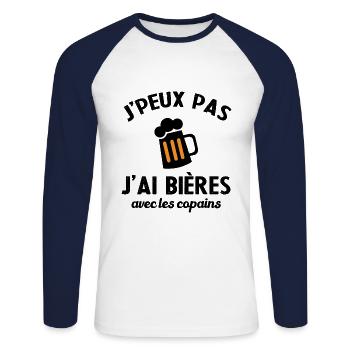 Cadeau humour j'peux pas j'ai bières avec copains - T-shirt baseball manches longues Homme - blanc/marine - Devant - Nik (191cm)