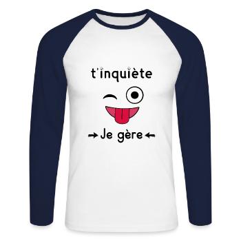 t’inquiète je gère - T-shirt baseball manches longues Homme - blanc/marine - Devant - Nik (191cm)