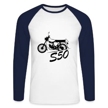 S50 Mobylette Mobylette Symbole Logo icône Simme DDR - T-shirt baseball manches longues Homme - blanc/marine - Devant - Nik (191cm)